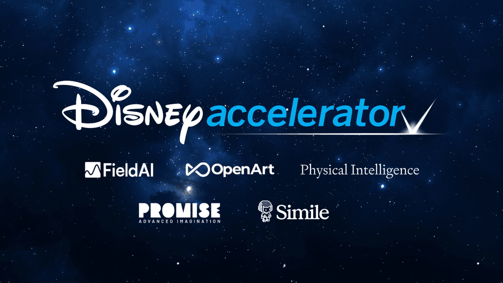 Disney Accelerator 2026 with participating companies: FieldAI, OpenArt, Promise, Simile.
