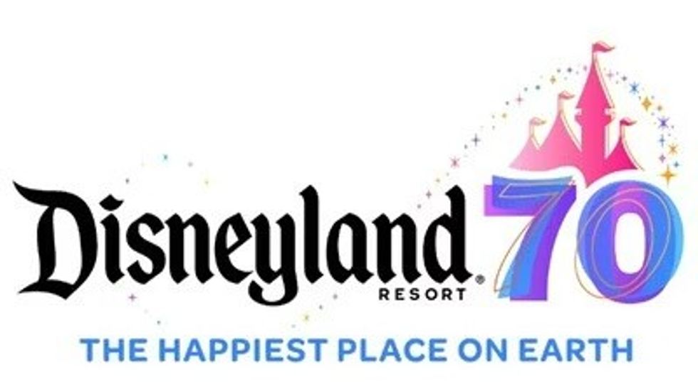 Disneyland 70th anniversary logo with castle and slogan "The Happiest Place on Earth."
