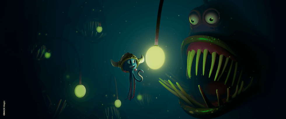 Diver waves at a glowing anglerfish in a dark underwater scene.