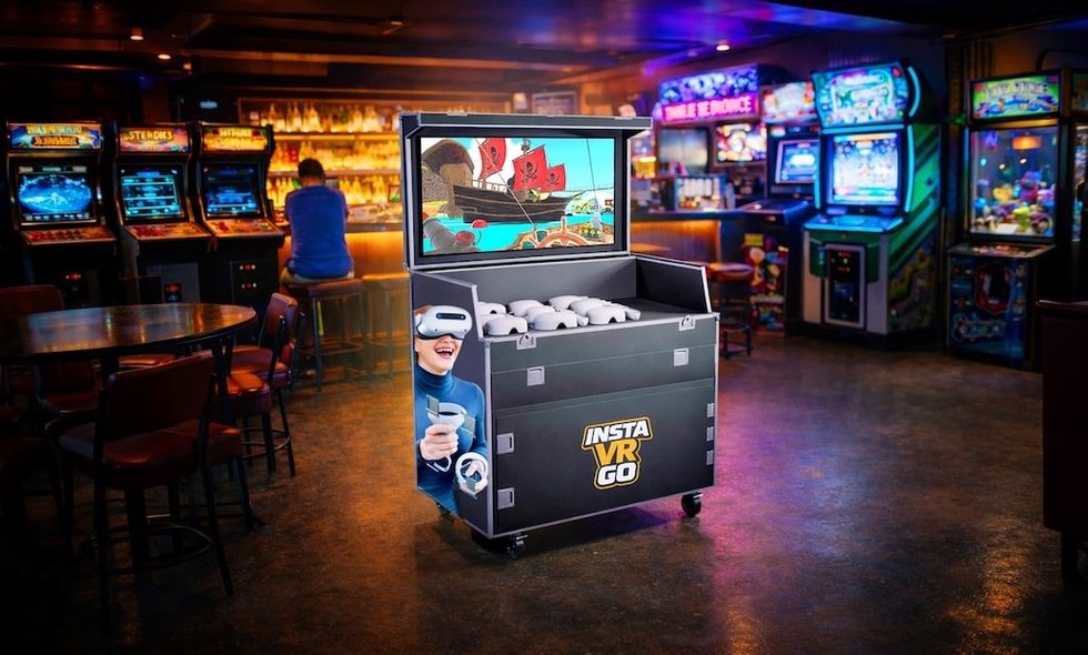 DIVR VR station in retro arcade with games in the background, labeled "Insta VR Go."