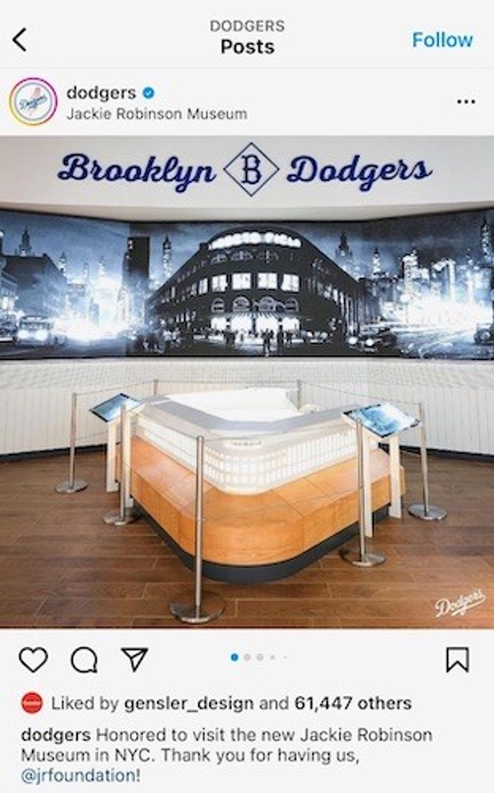 Dodgers instagram post about the Jackie Robinson museum