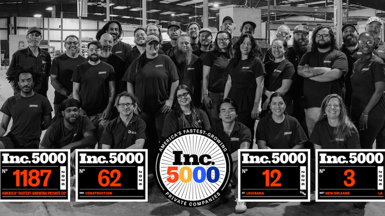 Downtown FabWorks team in a warehouse, with Inc. 5000 rankings displayed below.