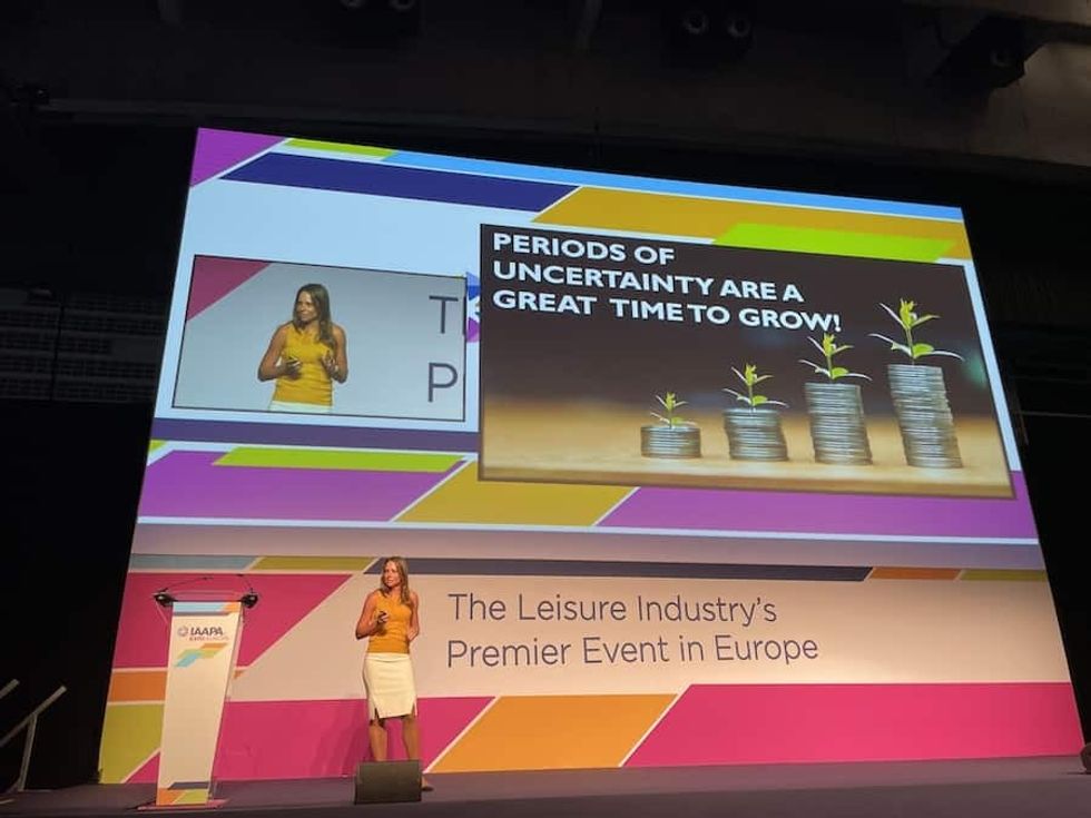 Dr Rebecca Homkes delivers Wednesday's Lunch & Learn in the IAAPA Theatre