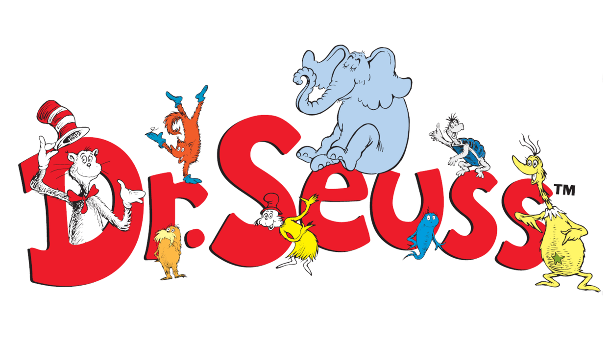 Dr. Seuss characters around logo with red text and a blue elephant.