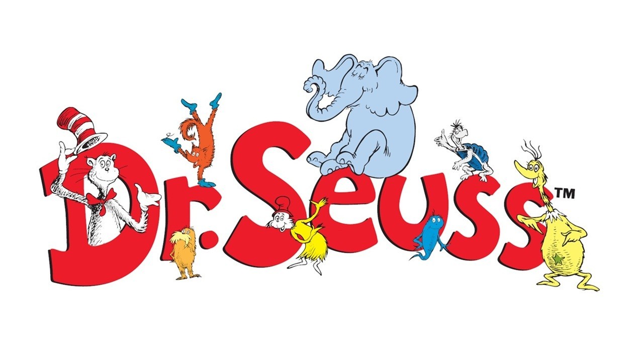 Dr. Seuss characters surrounding red 'Dr. Seuss' text on a white background.