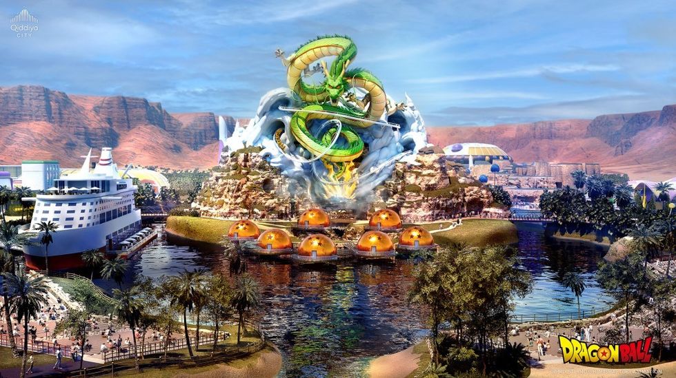 Dragon Ball theme park with a dragon statue, domes, and a ship by the water.