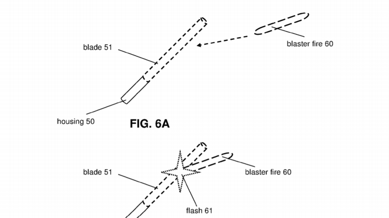 Drawings from Disney's lightsaber patent application. It describes augmenting an appearance of a hilt to simulate a bladed weapon.