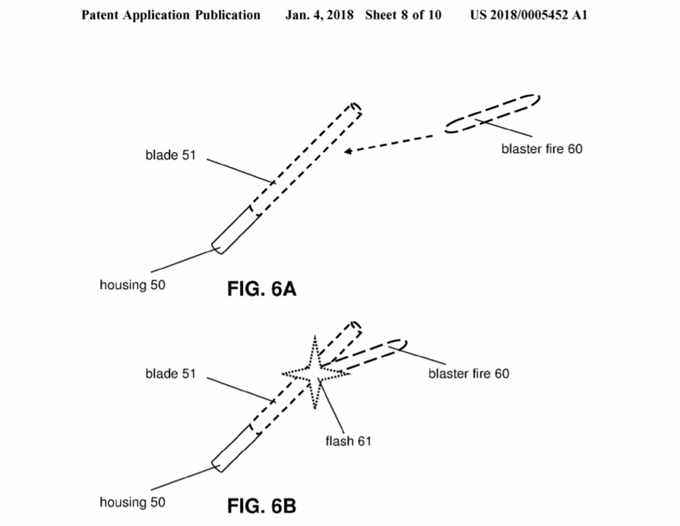 Drawings from Disney's lightsaber patent application. It describes augmenting an appearance of a hilt to simulate a bladed weapon.