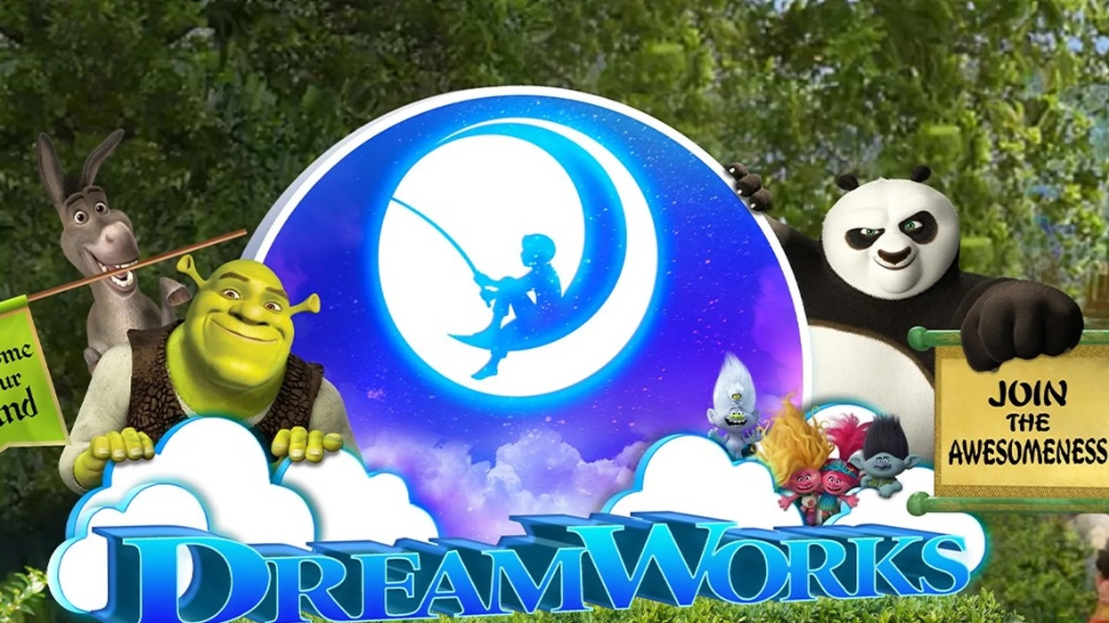 DreamWorks logo with animated characters on a colorful outdoor backdrop.