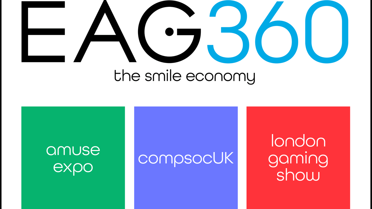 EAG360 logo with "the smile economy" and three exhibit names: amuse expo, compsocUK, london gaming show.