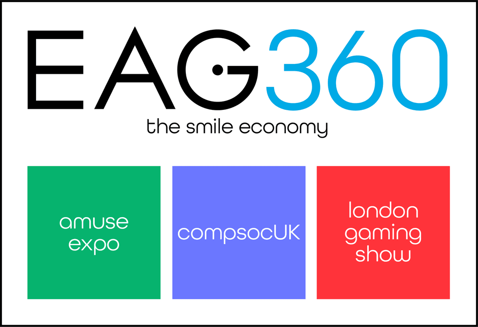 EAG360 logo with "the smile economy" and three exhibit names: amuse expo, compsocUK, london gaming show.