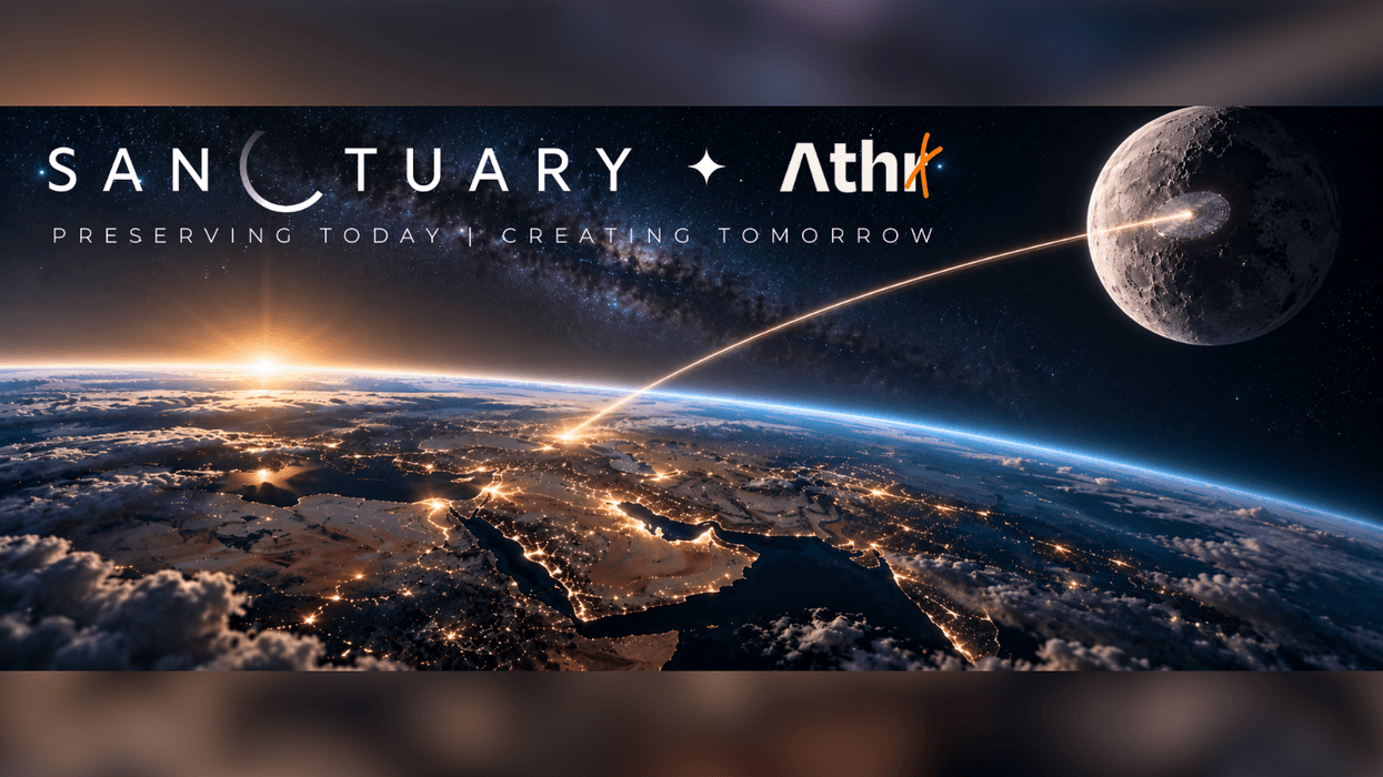 Earth and moon with light beam, "Sanctuary" and "Athx" logos, sunrise over horizon.
