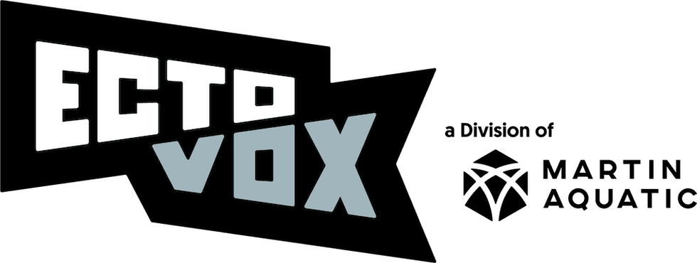 "Ectovox logo, a division of Martin Aquatic, with a geometric water symbol."