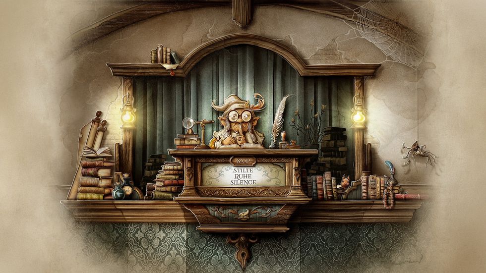 Efteling concept art of a whimsical library nook with books, owl, lanterns, and spiderwebs.