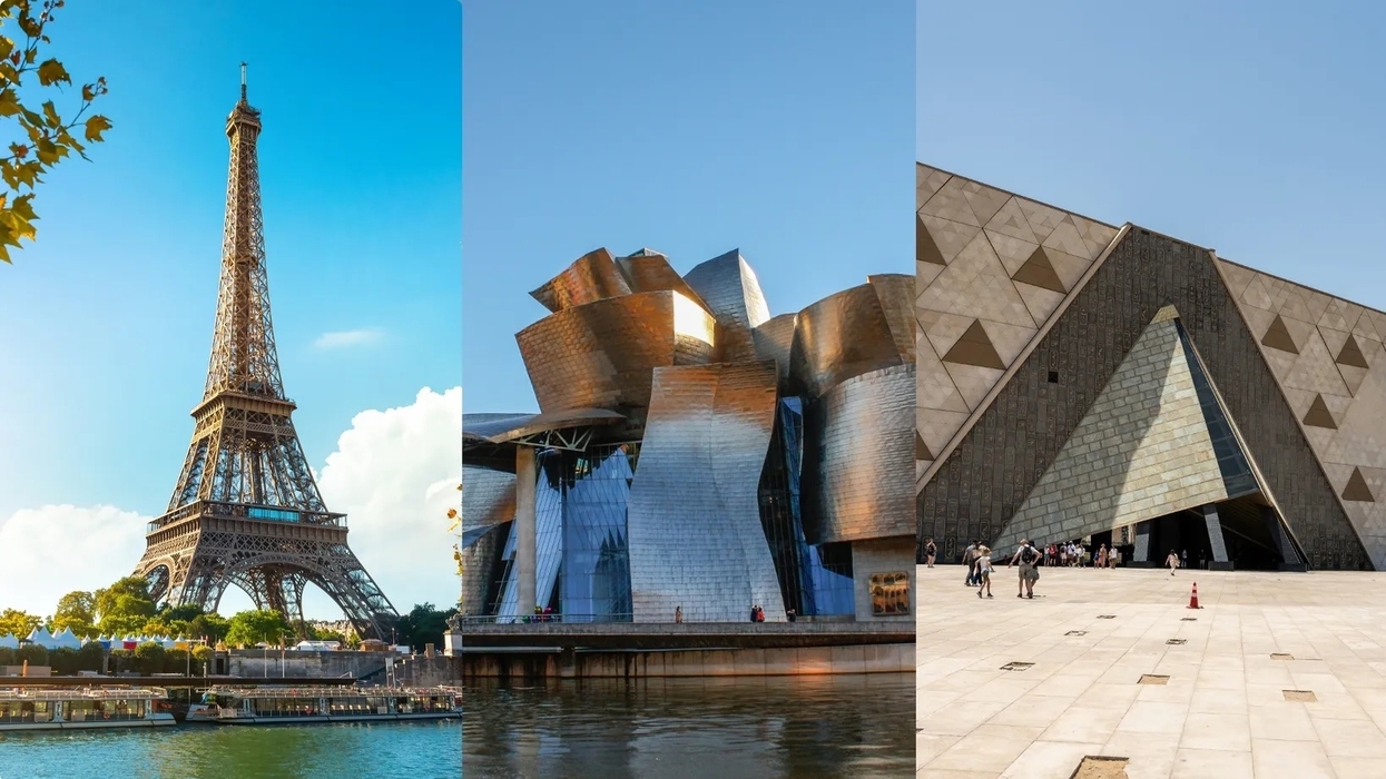 Eiffel Tower, Guggenheim Museum, and Grand Egyptian Museum in a vertical collage.