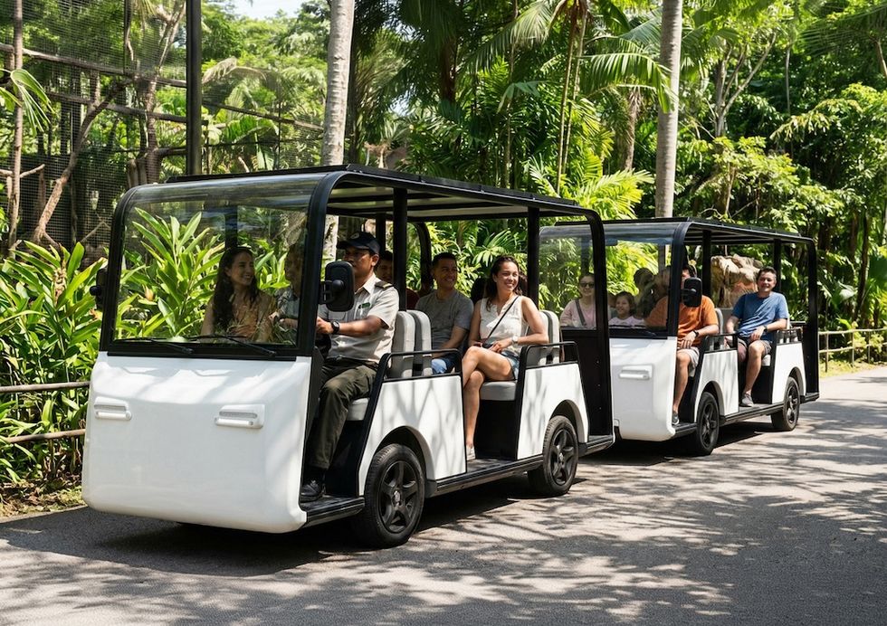 Electric tram with passengers driving through lush greenery in a park.