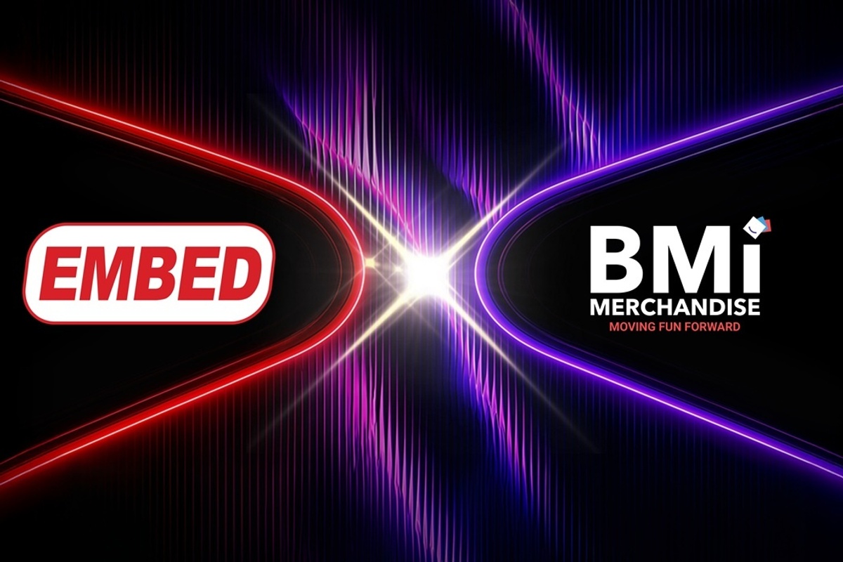 "Embed and BMI Merchandise logos with intersecting red and purple lines."