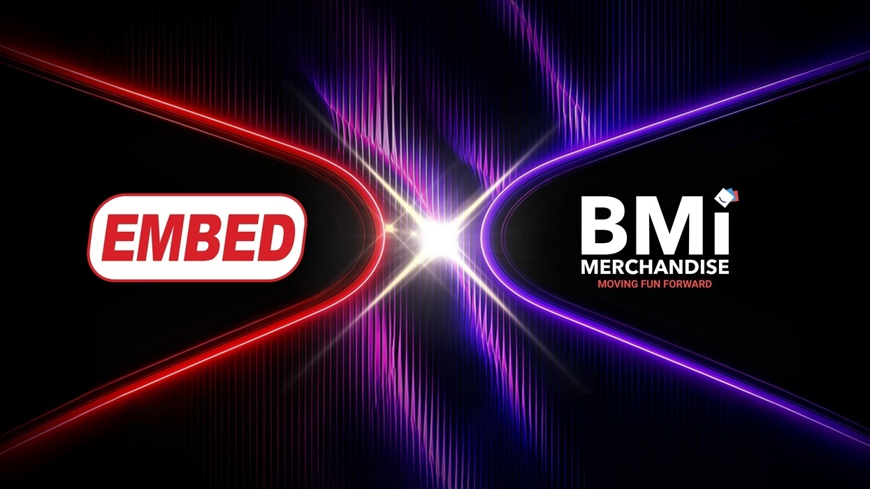 "Embed and BMI Merchandise logos with intersecting red and purple lines."