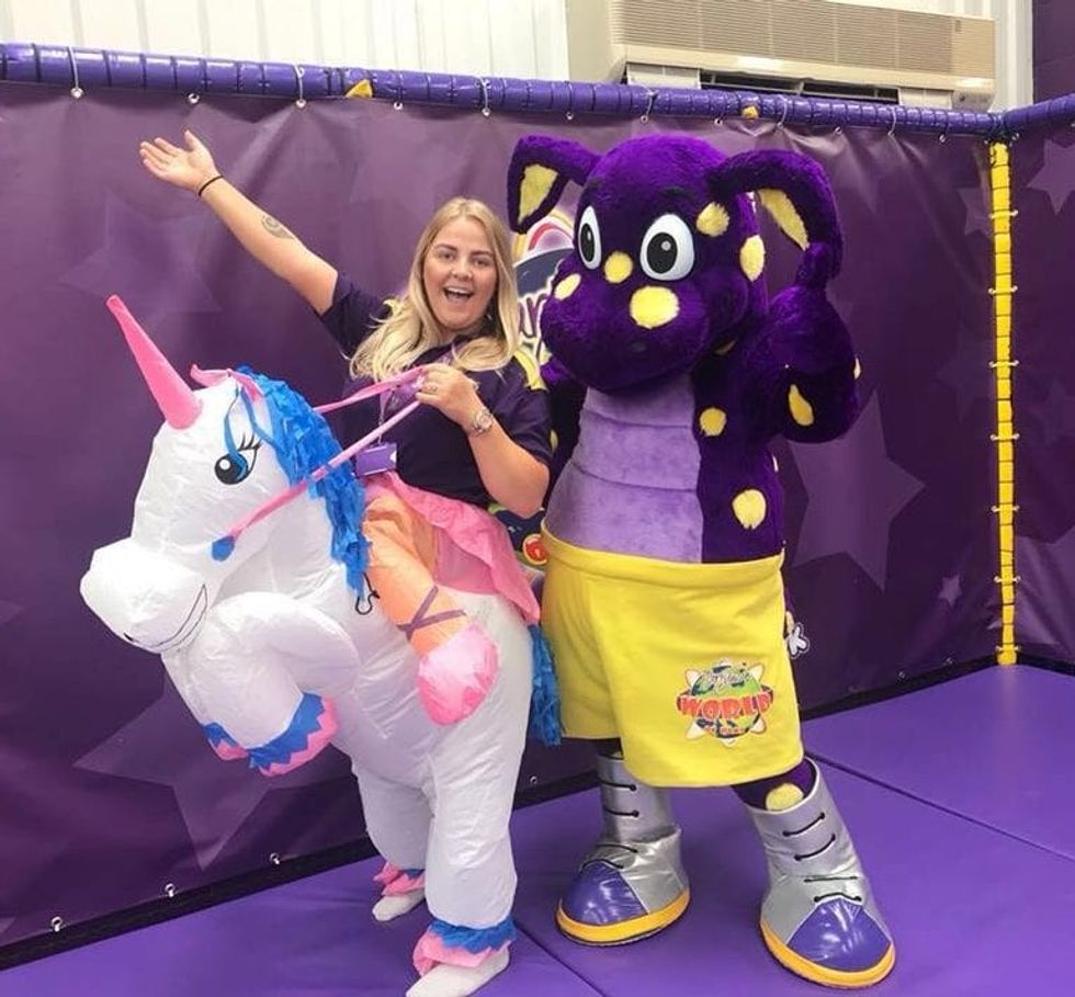 Employee and Mascot at Partyman World of Play