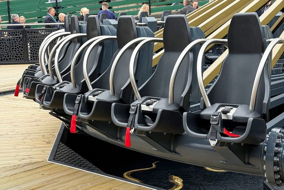 Empty Gryo Swing seats with metal safety bars and red straps, people in background.