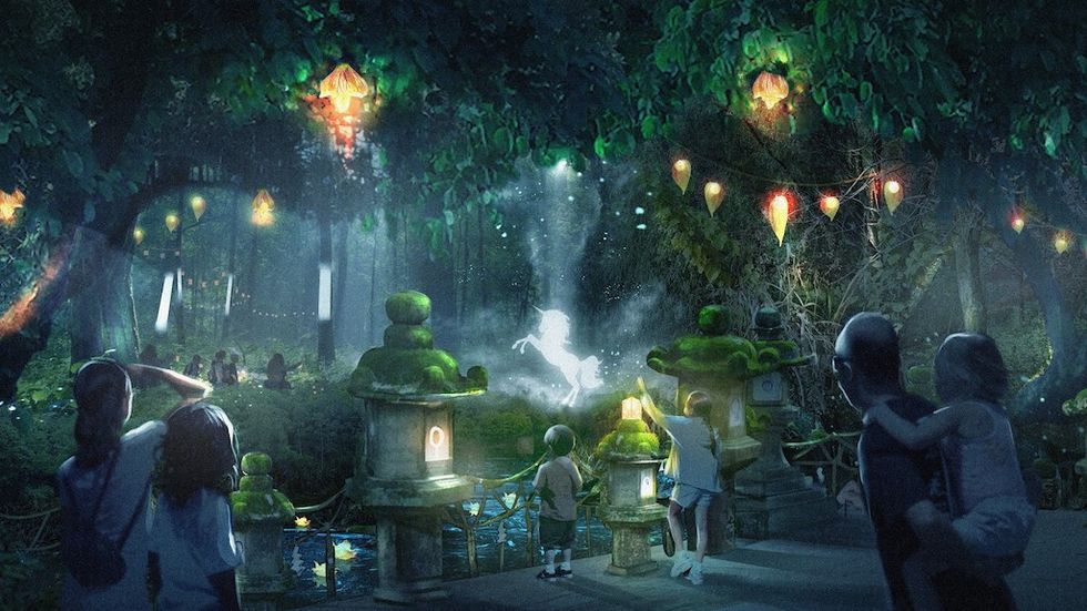 Enchanting forest scene with glowing lanterns and a mystical horse apparition.