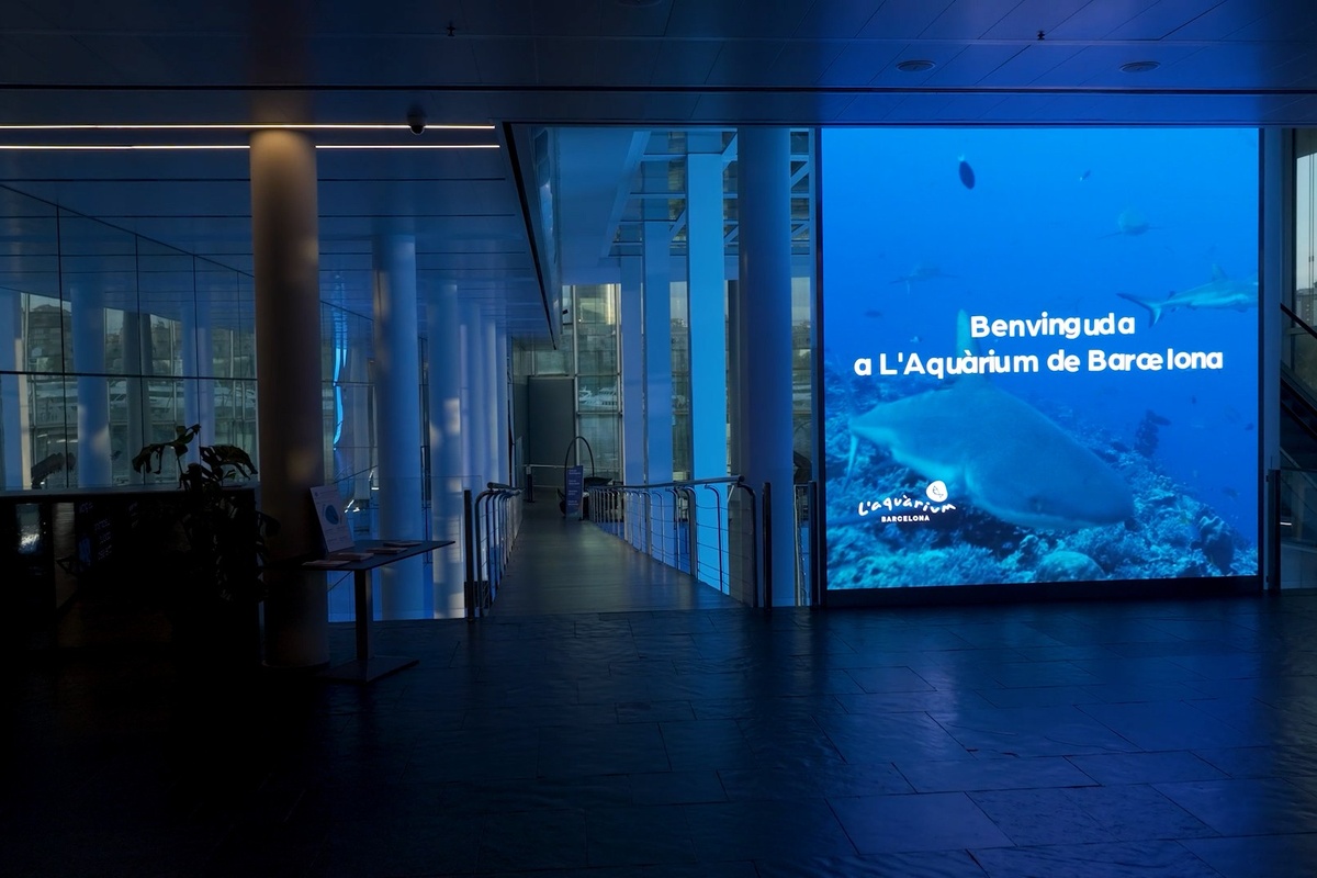 Entrance with aquarium signage on screen at L’Aquàrium de Barcelona.