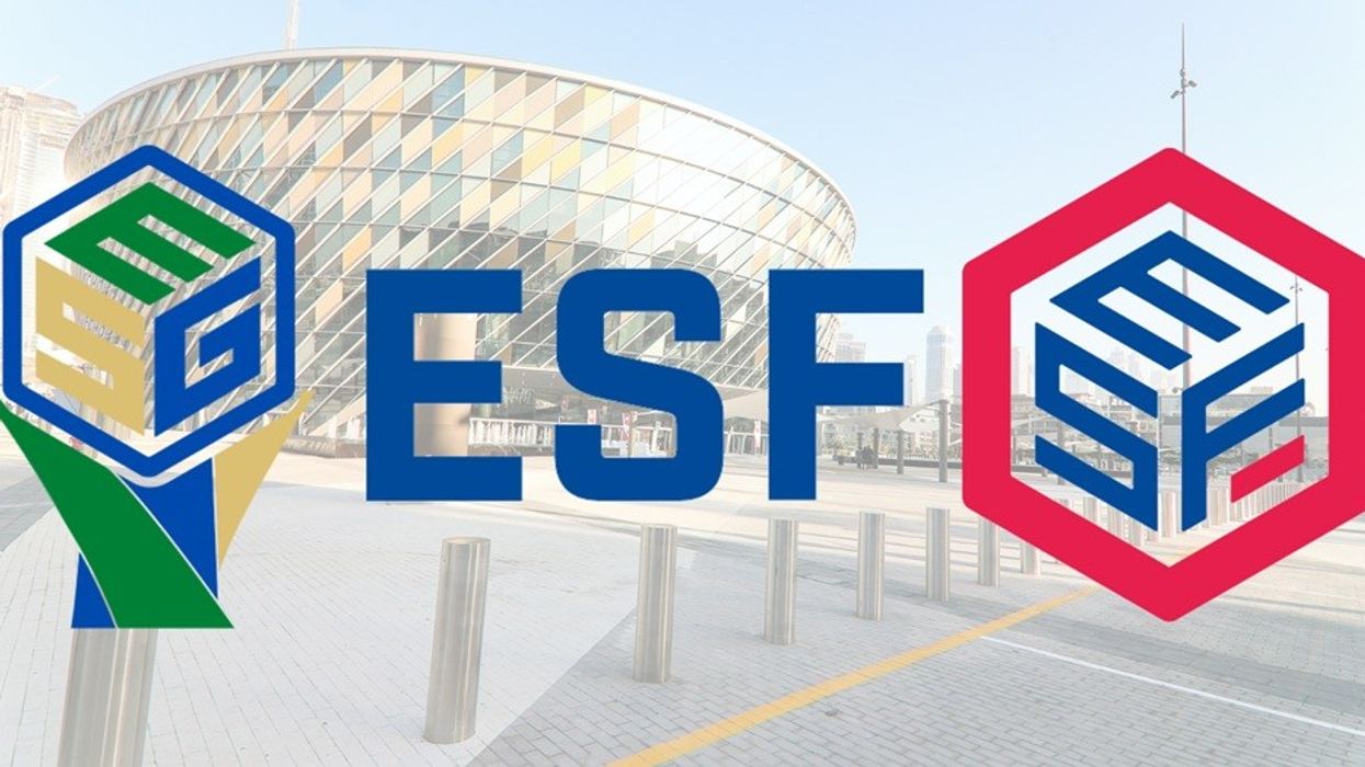 ESF logos with geometric designs and building background.