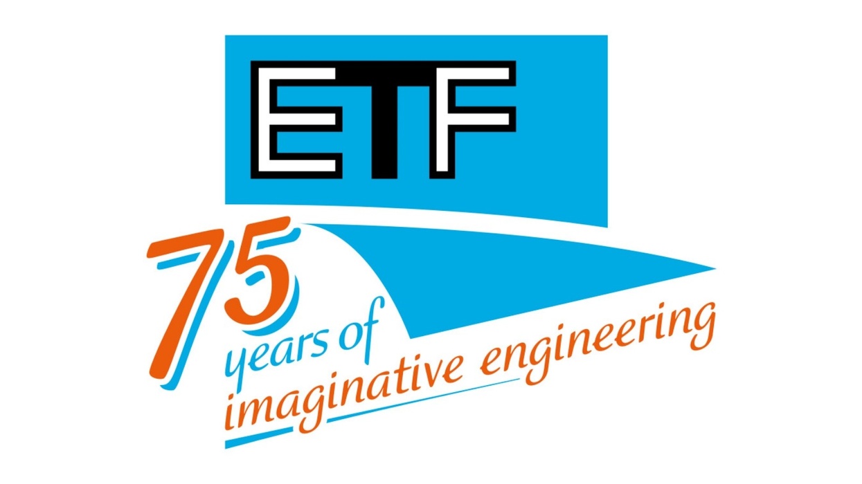 ETF logo with "75 years of imaginative engineering" in orange and blue text.