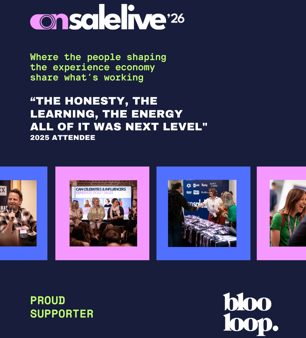 Event promotion for on sale live '26 with people and activities showcased.