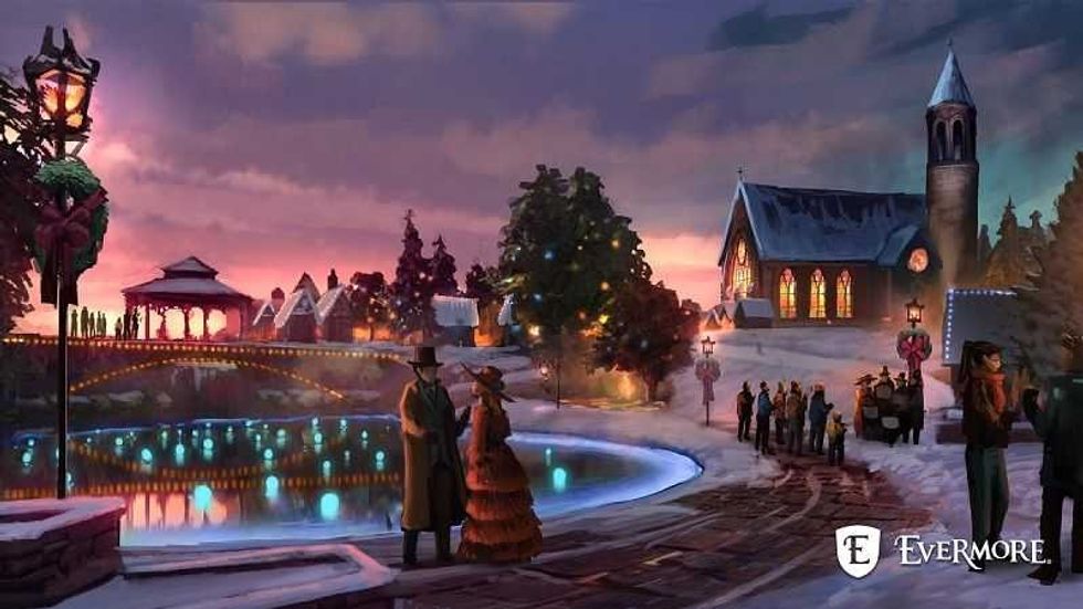 Evermore park art aurora couple dancing next to sunset lit pool