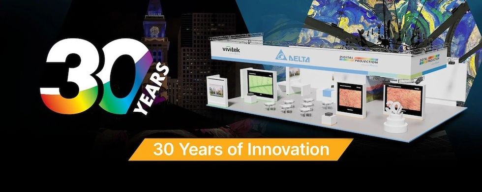 Exhibit booth for Delta, celebrating 30 years of innovation with vibrant displays.