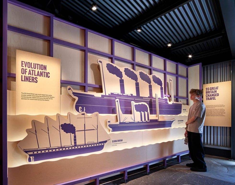 Exhibit on the evolution of Atlantic liners with ship illustrations and educational text.
