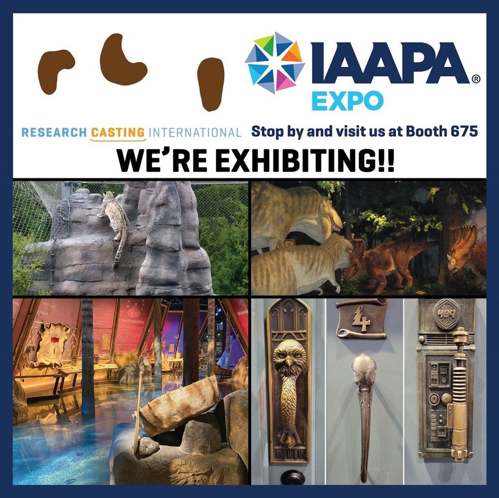 Exhibit promo with dinosaur models and artifacts, IAAPA Expo invitation.