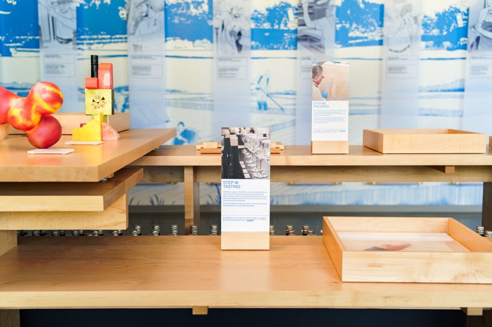 Exhibition display with colorful fruit, wooden shelves, and informational panels.