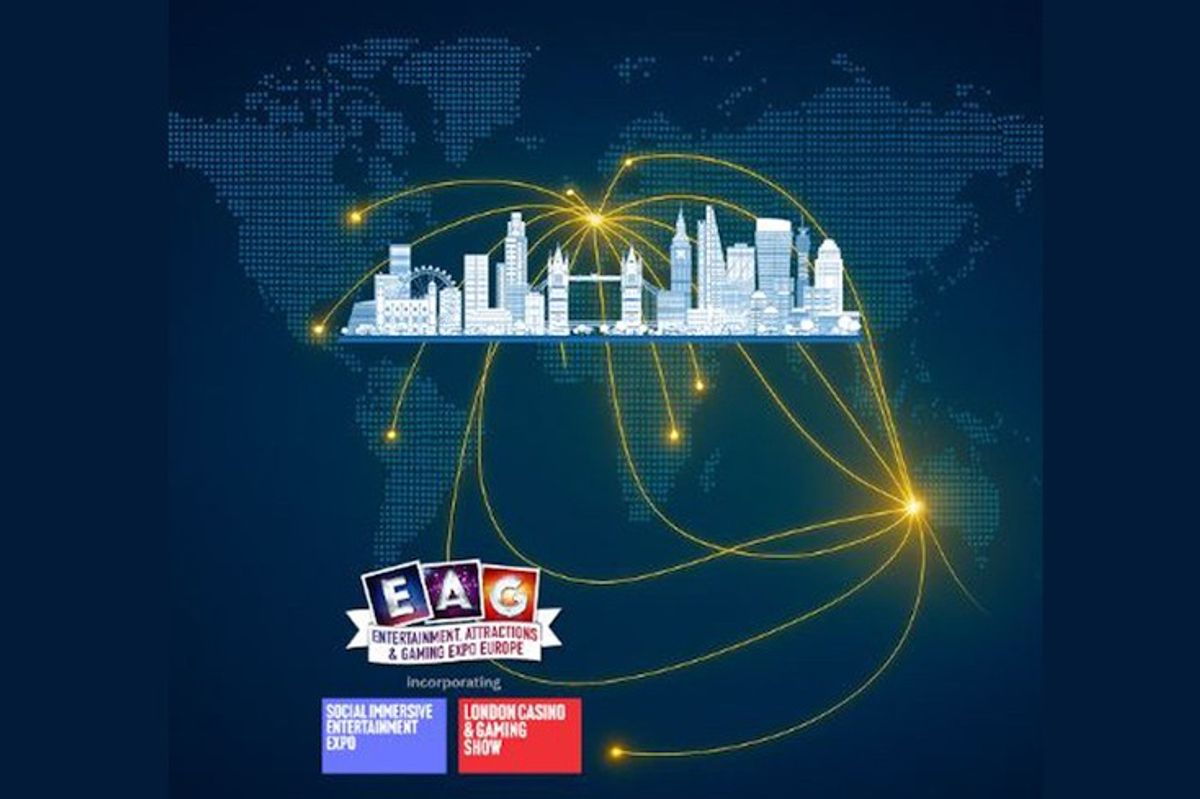 Expo poster with global cityscape and connecting lines on a world map background.