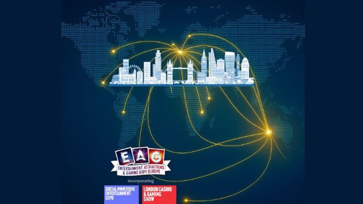 Expo poster with global cityscape and connecting lines on a world map background.