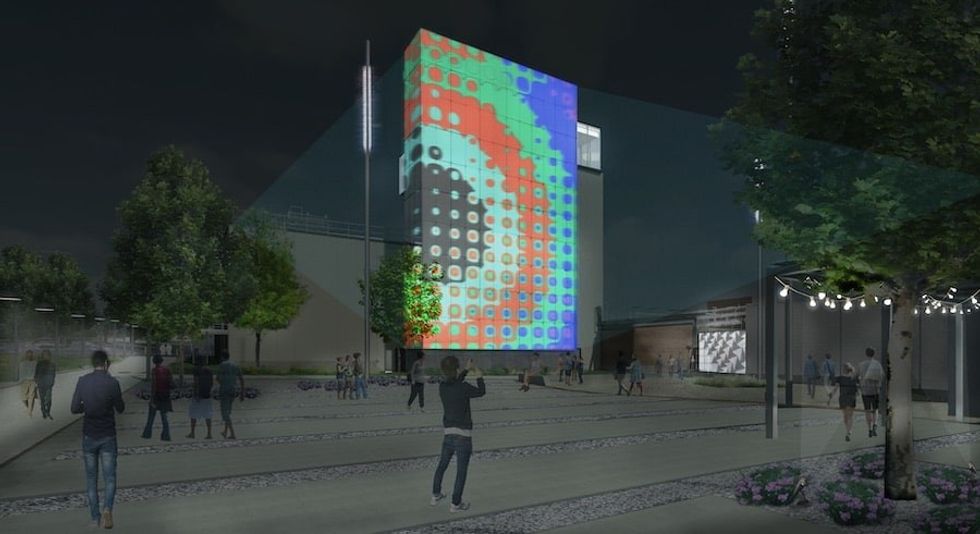 Exterior South Courtyard with projection the momentary bentonville, one of the top new museums coming in 2020
