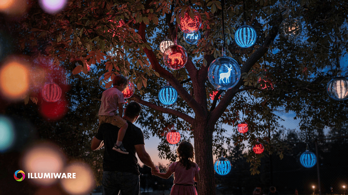 Family admiring colorful illuminated orbs in a tree at dusk.
