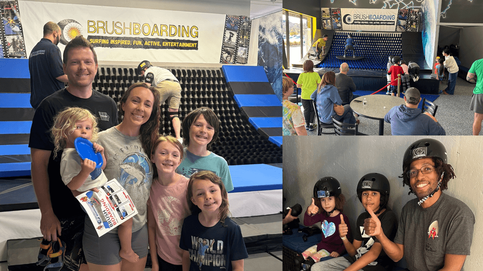 Family and kids enjoying a brushboarding experience with safety helmets.