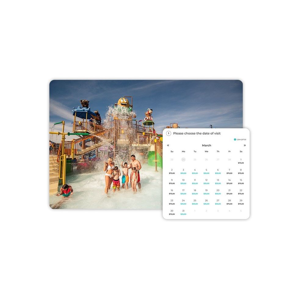 Family at a water park with calendar overlay for booking dates.