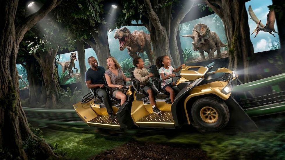 Family enjoying a thrilling dinosaur-themed amusement park ride - concept art for Maurer Spike Train