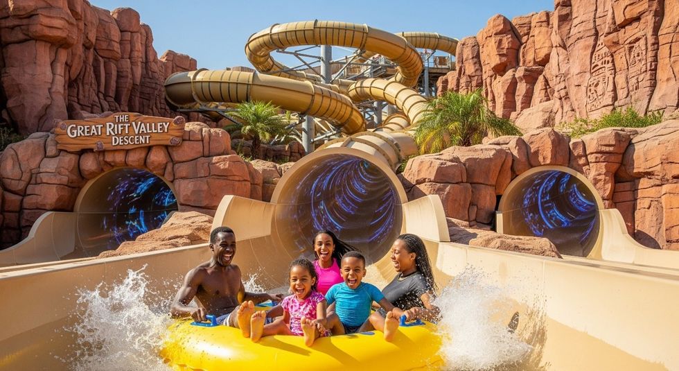 Family enjoying a thrilling water slide ride in a theme park with rocky canyon background.