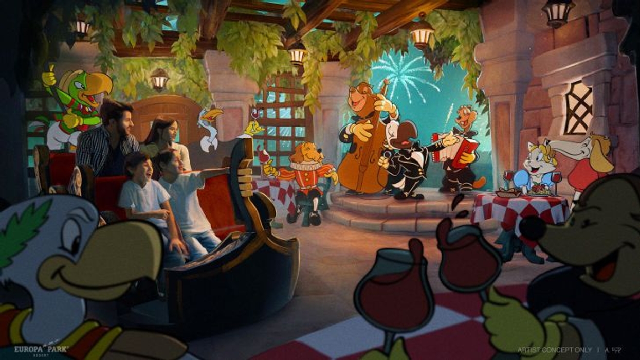 Family enjoying an animated dining scene with cartoon animals playing music and sharing drinks.