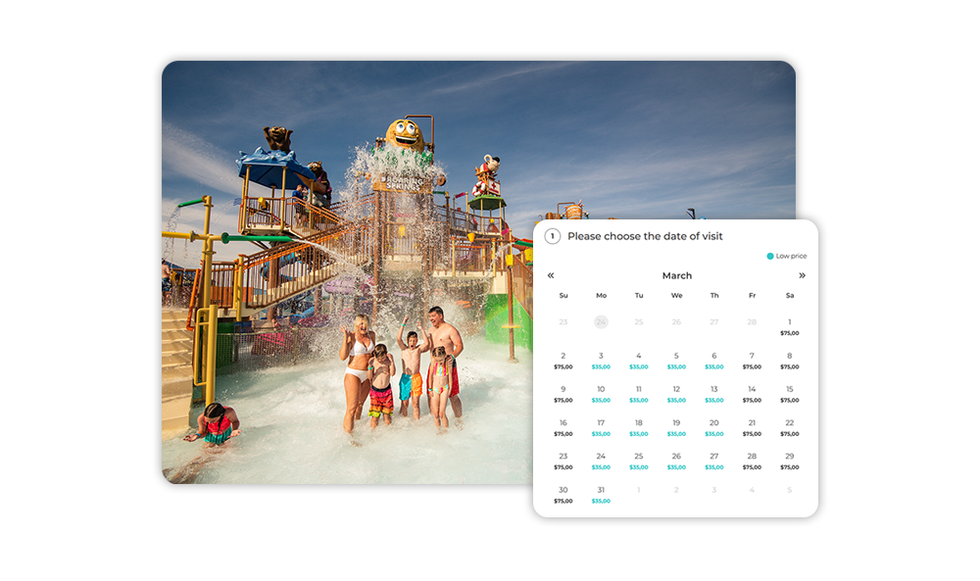 Family enjoys water park with date selection overlay calendar.