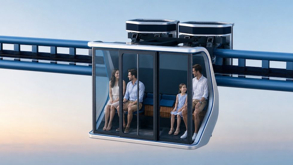 Family in futuristic, glass-walled monorail cabin, suspended on elevated track, sky background.