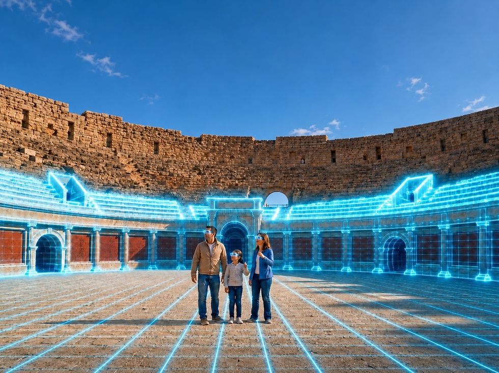 Family in VR headsets explores Roman amphitheatre with projected digital overlays.