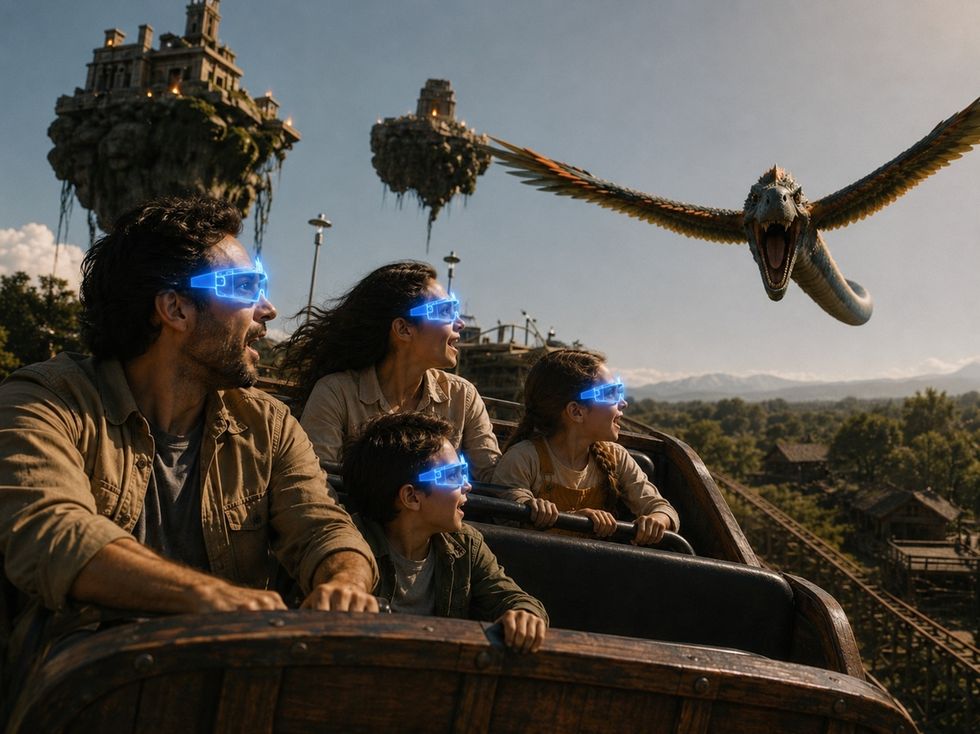 Family on a roller coaster wearing lighted glasses, with a flying creature approaching.