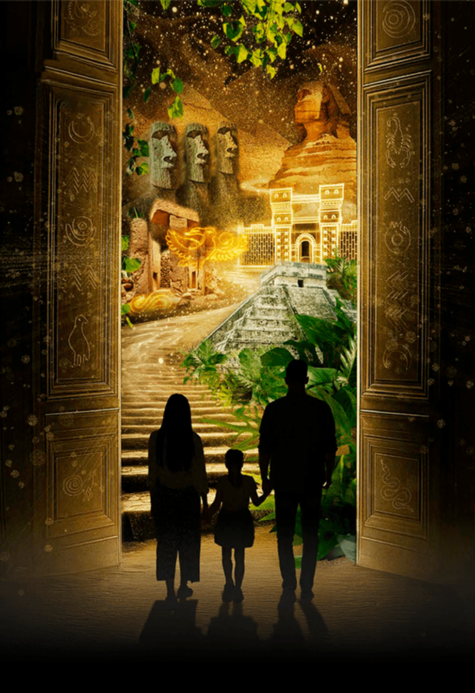 Family silhouetted in doorway to a mystical world of ancient wonders and monuments, Timewalk