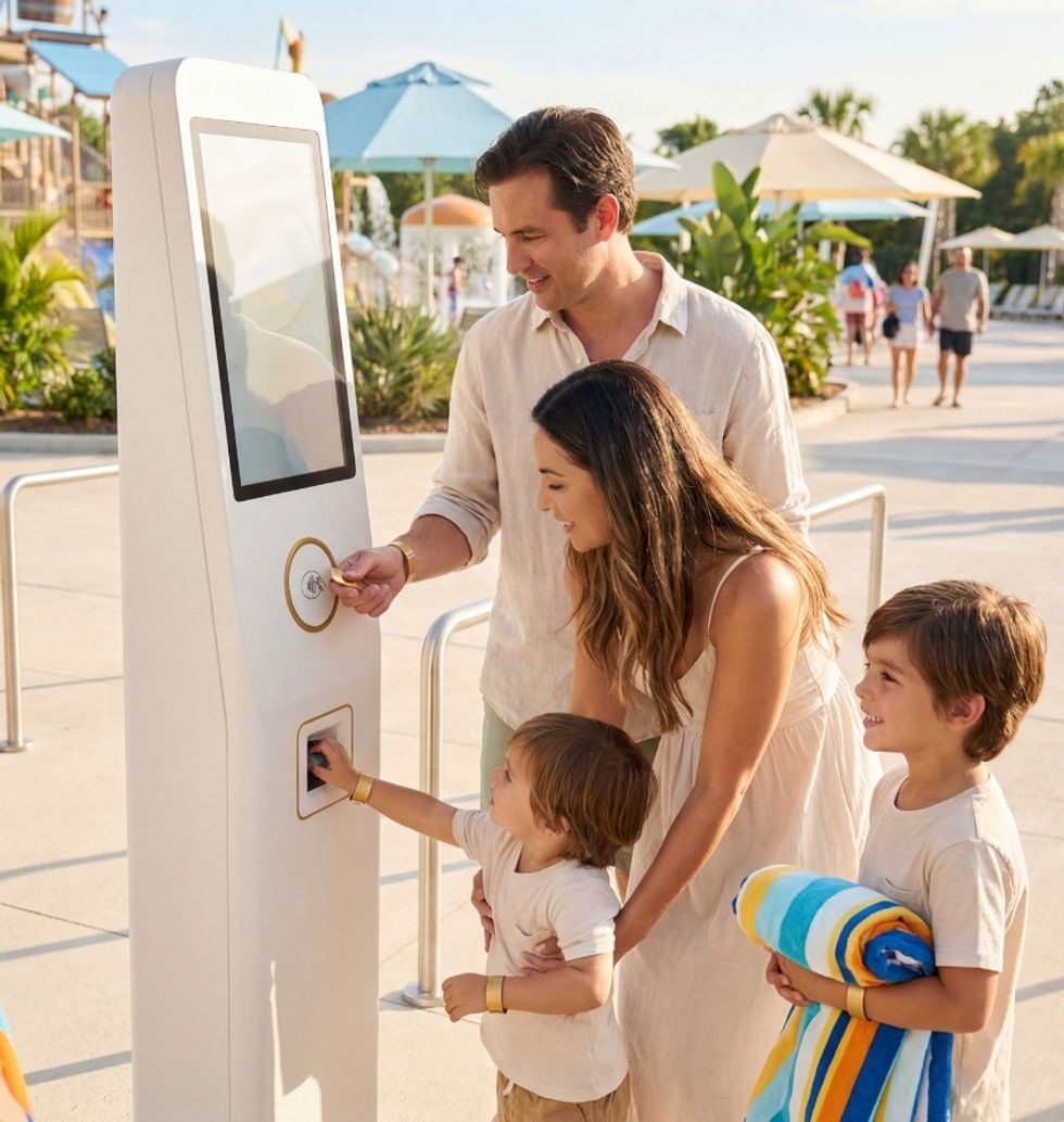 Family using interactive kiosk at sunny outdoor location.