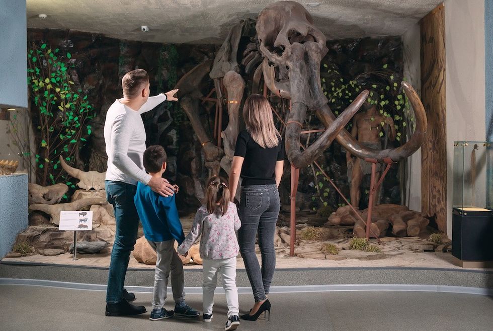 Family viewing a mammoth skeleton display in a museum exhibit.